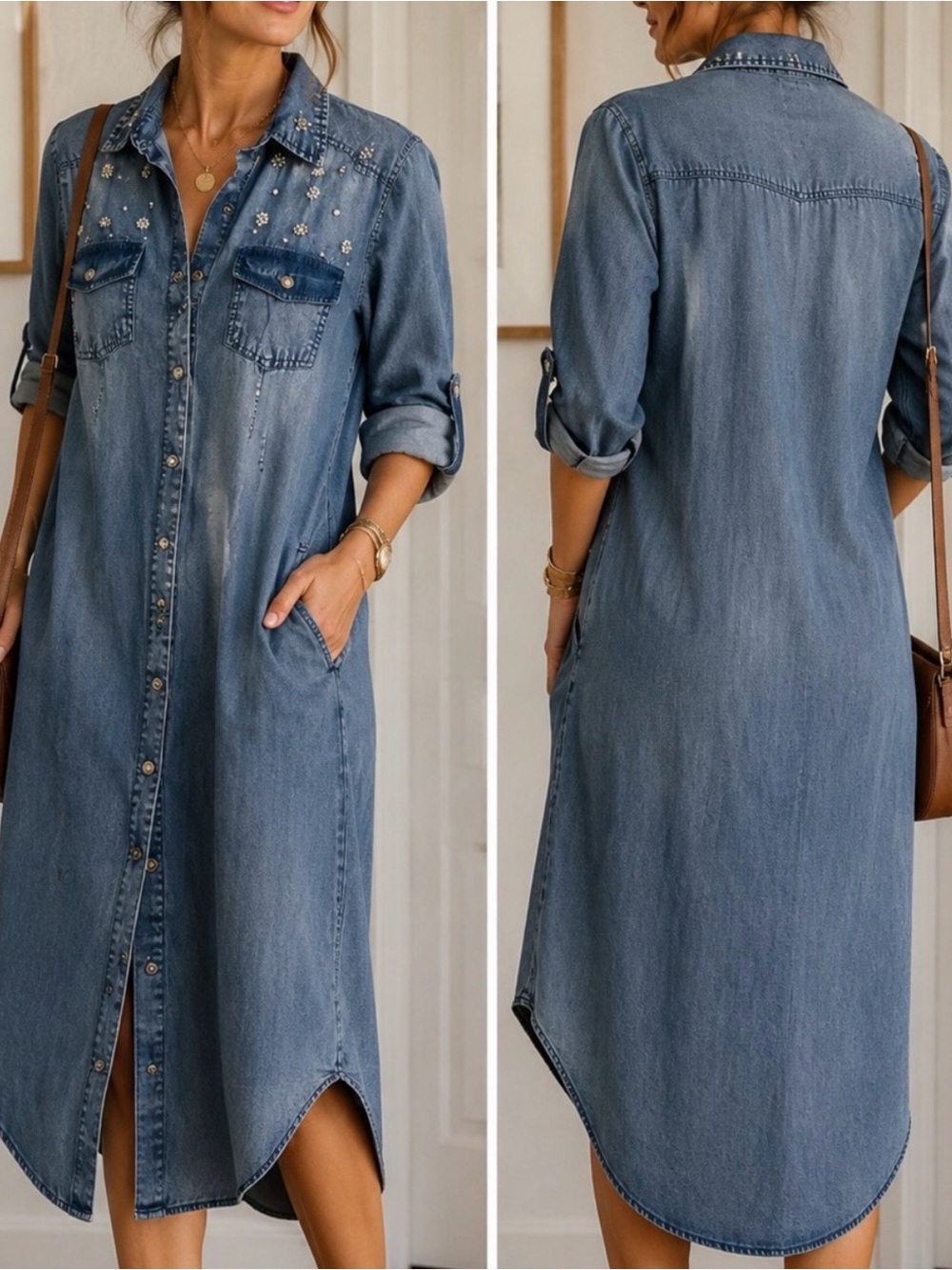 Classic Denim Midi Shirt Dress with Rhinestone and Pearl Embellishment